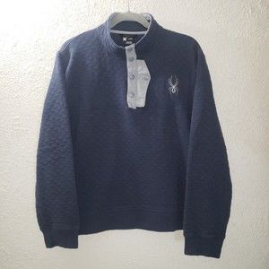 Spyder Sz L Quilted Pullover Sweatshirt Men's Fleece 1/4 Button Snaps Navy Blue